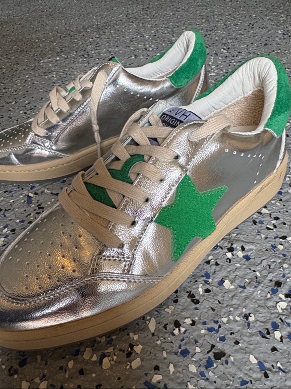 Vintage Havana Silver Metallic Sneakers with Green Star Accent Size 8.5